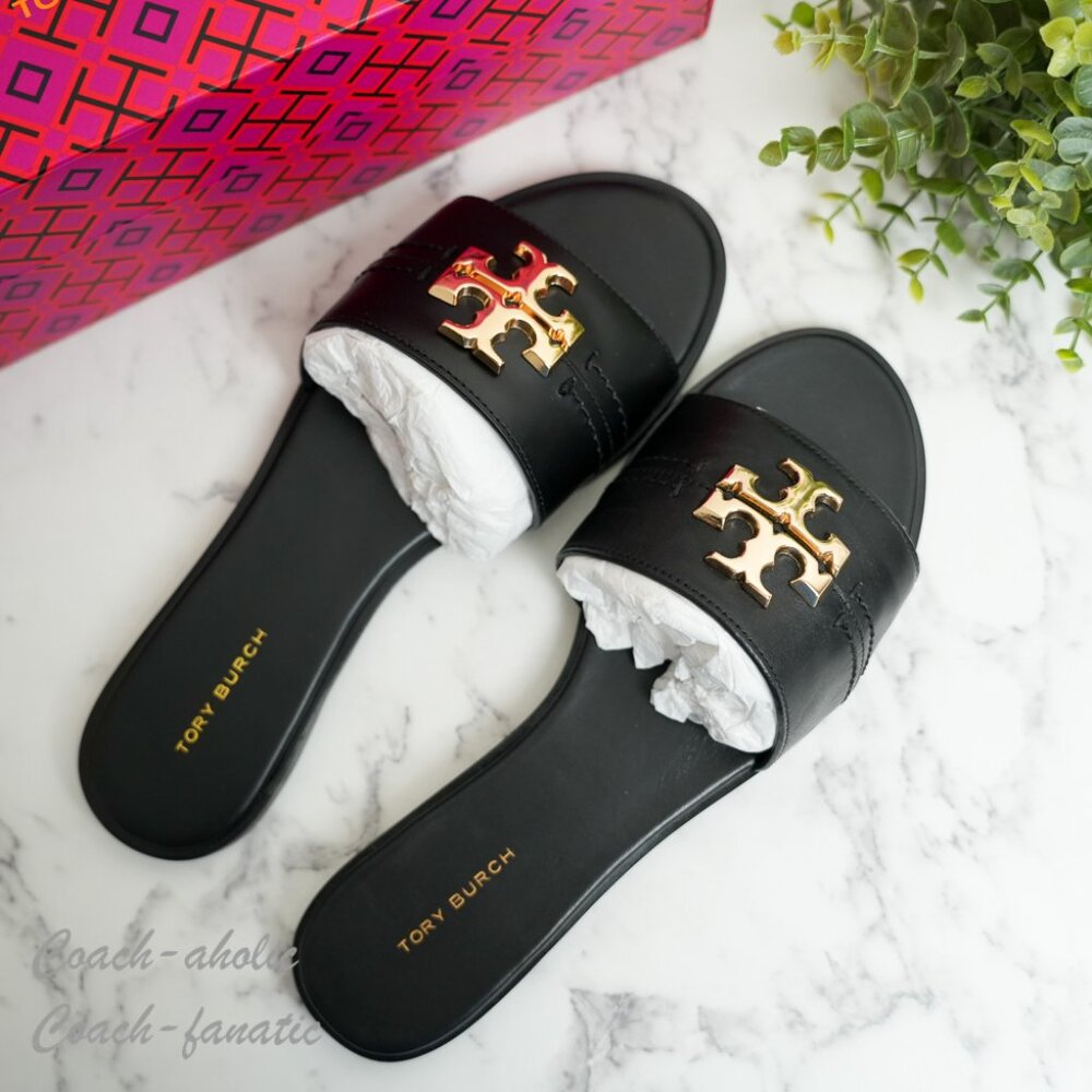 Tory Burch Everly Calf Leather Gold Logo Slide Sandals in Black 60245 NIB